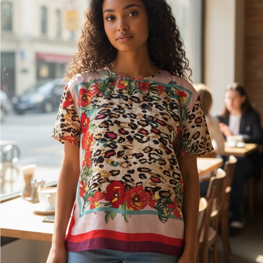 Leopard and Floral Print Short Sleeve Top